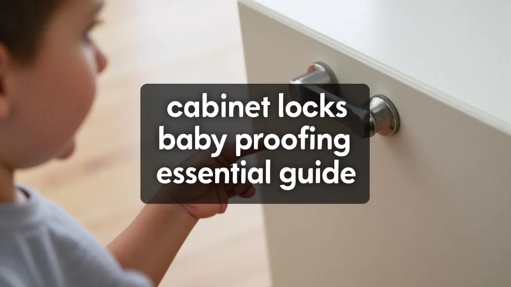The image shows white cabinet locks for essential baby proofing to keep little ones safe.