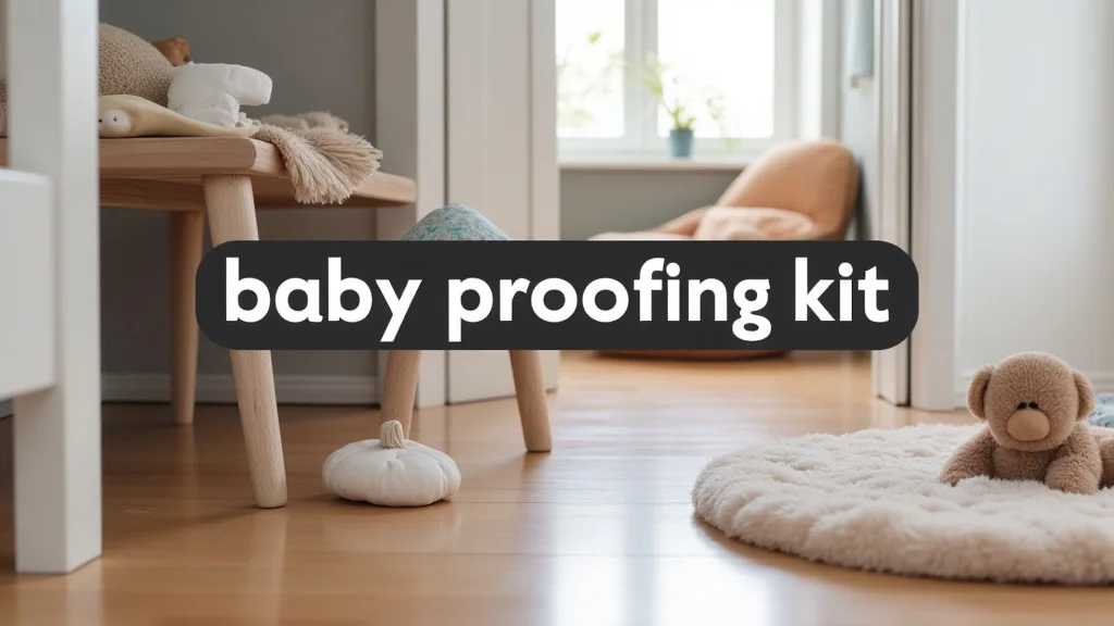 The image shows an open baby proofing kit with various safety items for parents.